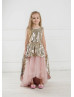Gold Sequins Blush Pink Tulle High Low Flower Girl Dress